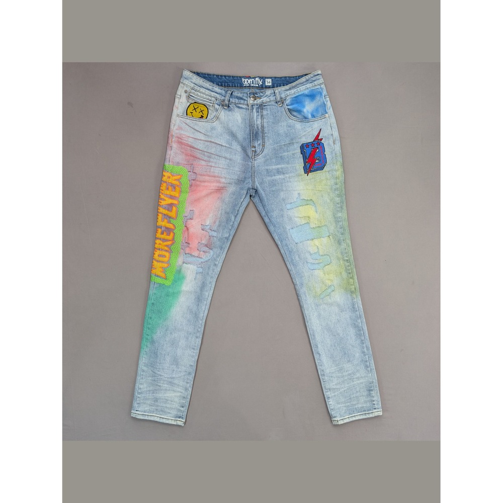Born Fly More Flyer Distressed Graphic Skinny Jeans 34 Y2K Streetwear